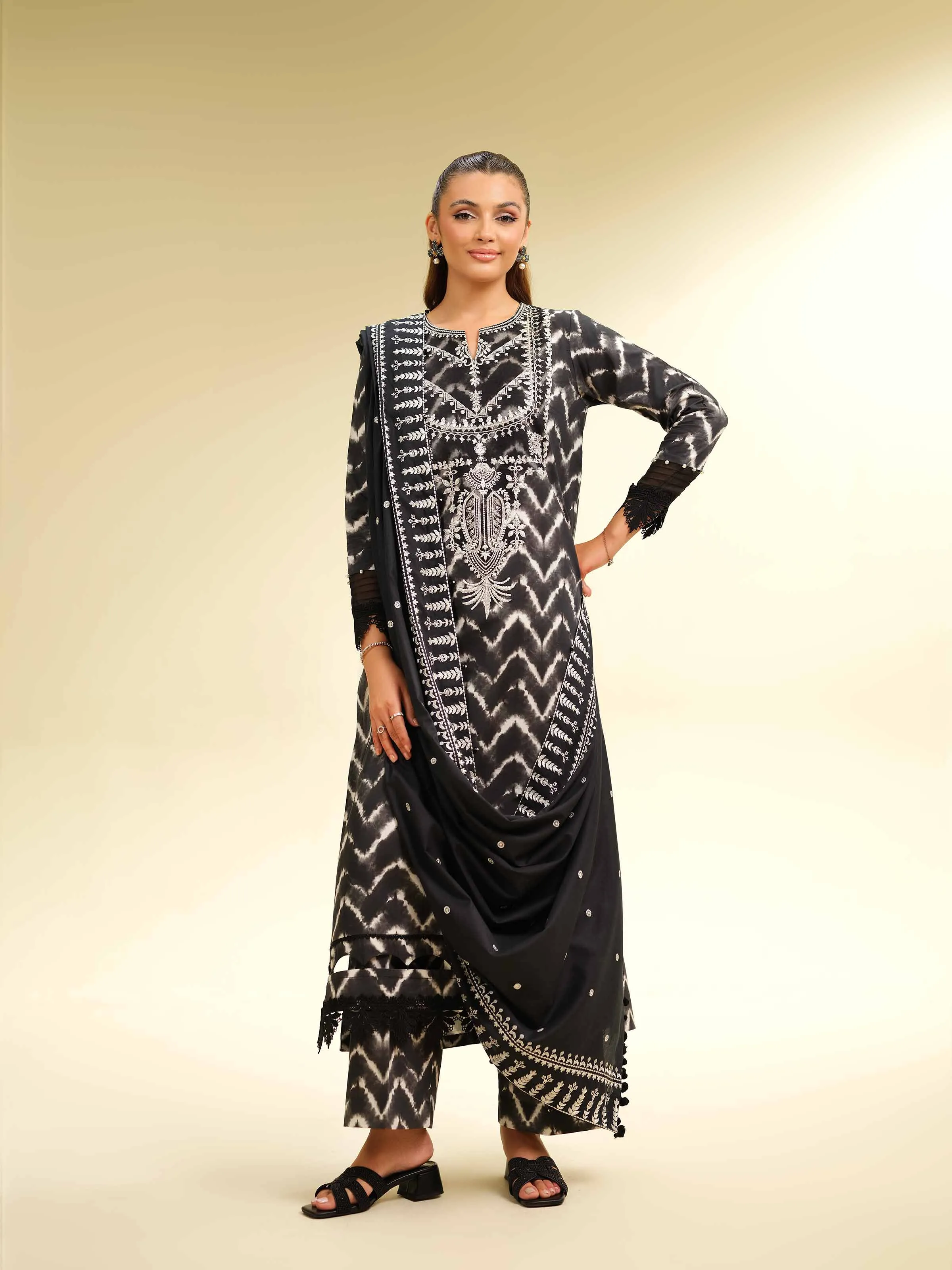 3 Piece - Printed Embroidered Suit - 42501365