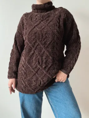 90s Vintage Express Brown Chenille Hand-Knit Sweater (M)