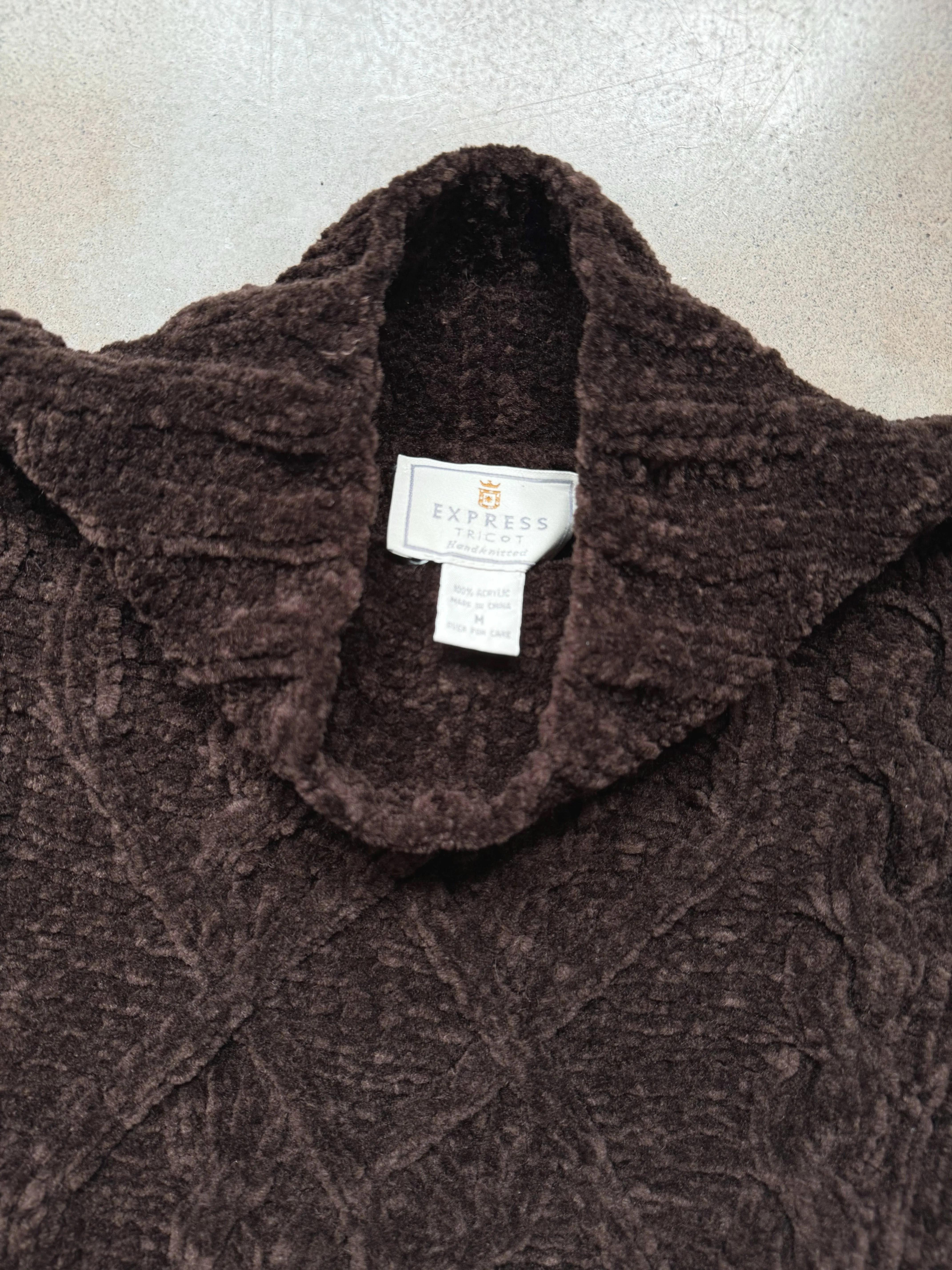 90s Vintage Express Brown Chenille Hand-Knit Sweater (M)