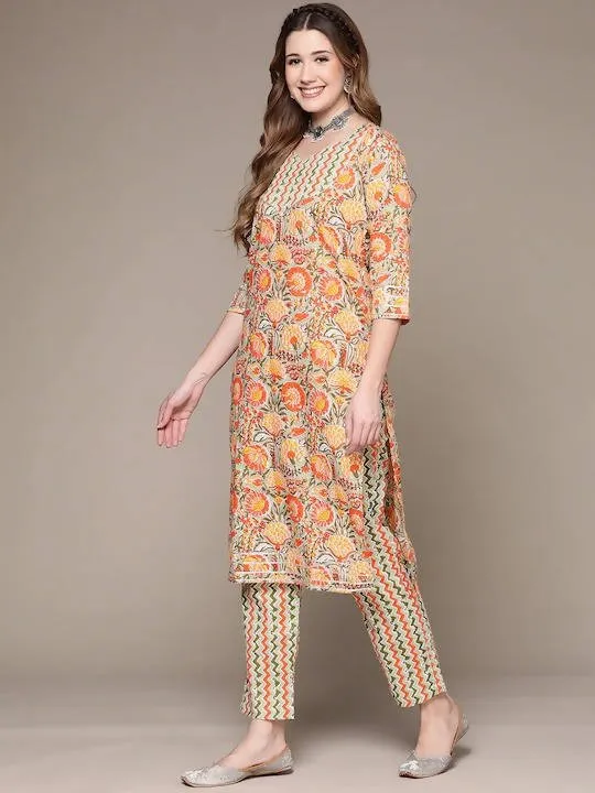 Anubhutee Green Floral Printed Sequinned Pure Cotton Kurta with Trousers & Dupatta