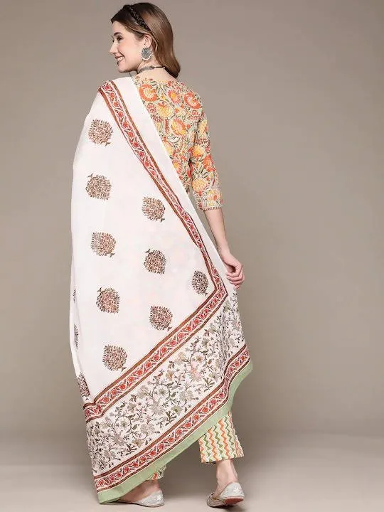 Anubhutee Green Floral Printed Sequinned Pure Cotton Kurta with Trousers & Dupatta