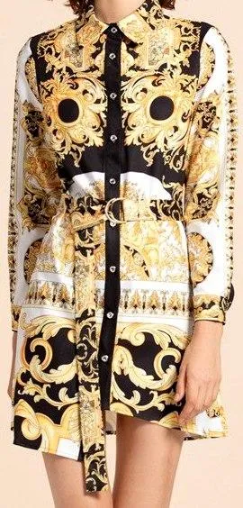 Baroque Print Asymmetrical Shirt Dress