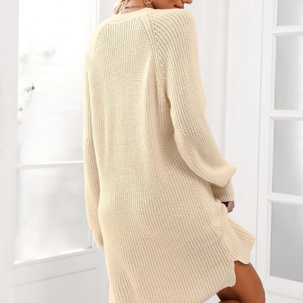 Beige V-Neck Button Long Sleeve Loose Sweater Dress