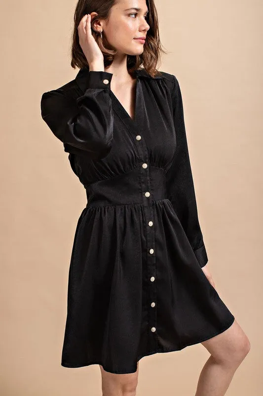 Black Satin Button Down Shirt Dress With Jeweled Buttons