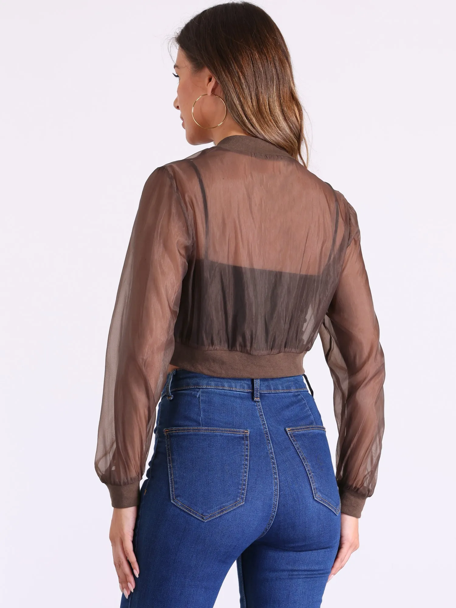 Bomber Long Sleeve Crop Mesh Sheer Zip Up Jackets