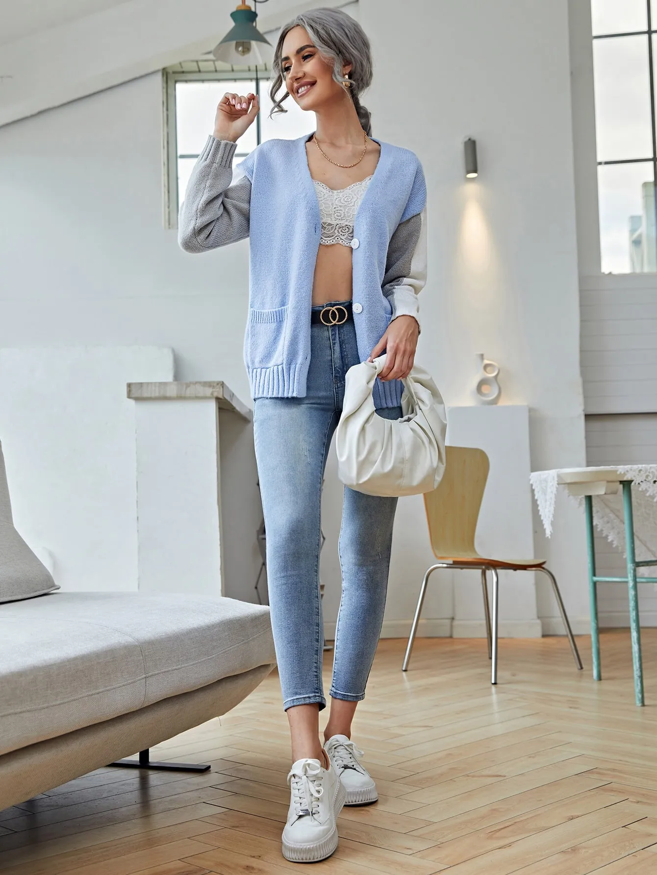 Casual Colorblock Button Front Long Sleeve Regular Women Cardigan