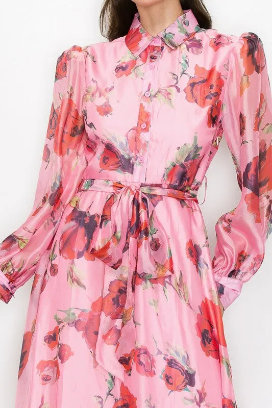 Coral/Red Organza Flower print Self-belt Shirt Maxi Dress