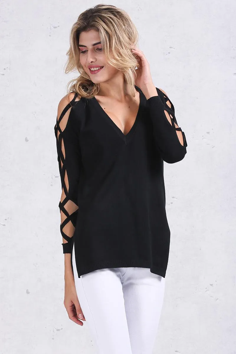 Cross Sleeve V-Neck Sweater Of Cotton