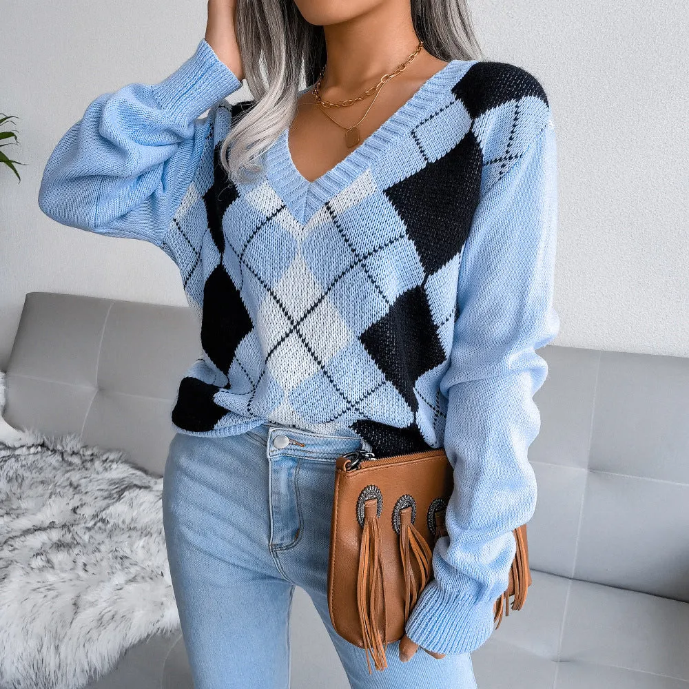 Diamond V Neck Casual Sweaters Clothing