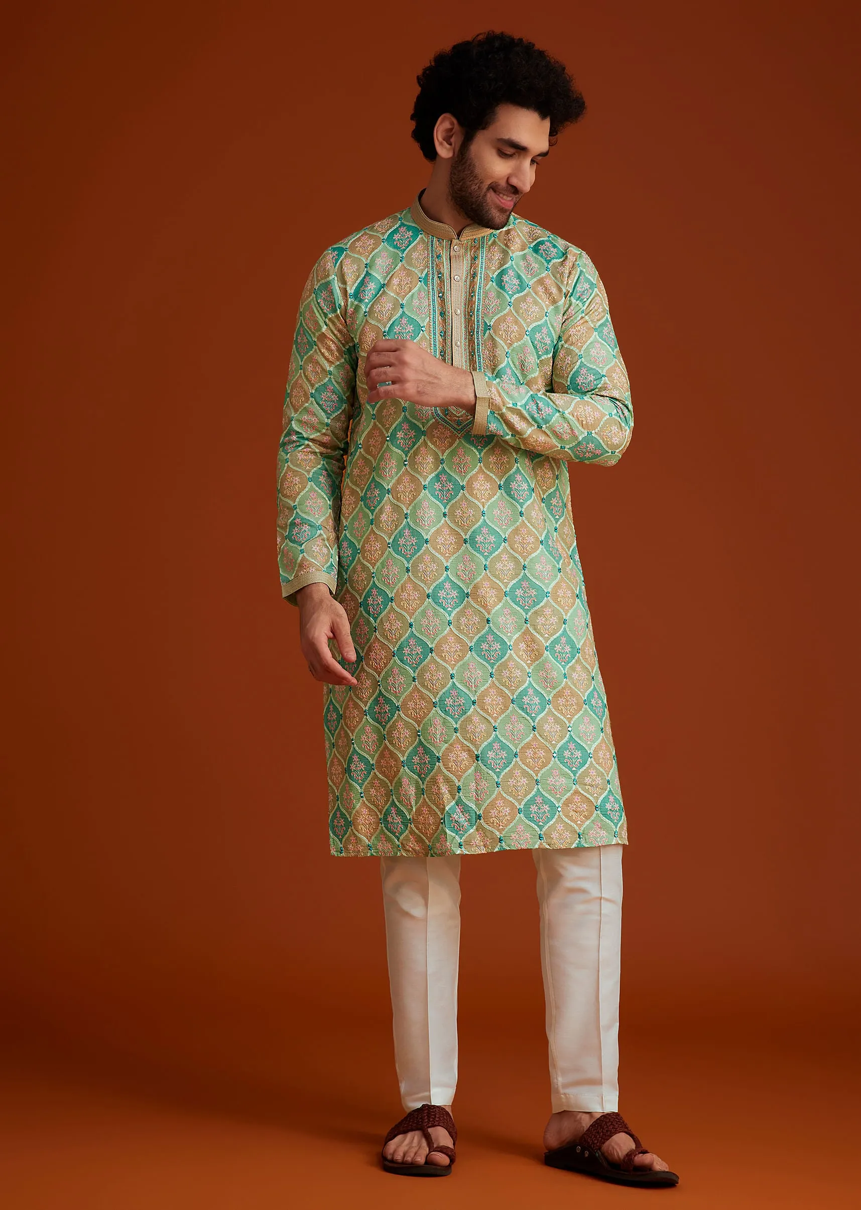 Green Floral Geometric Printed Kurta Pajama Set