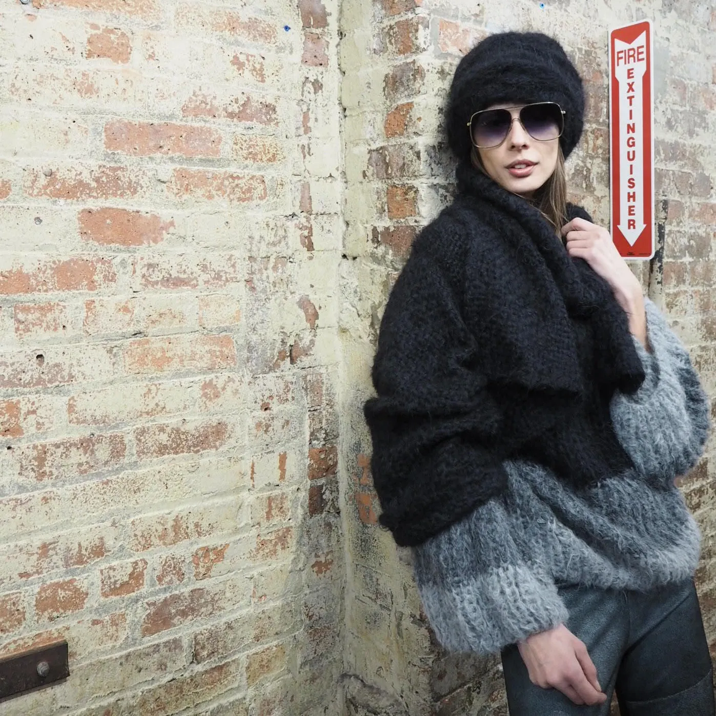 Handknit V neck sweater tri - colour