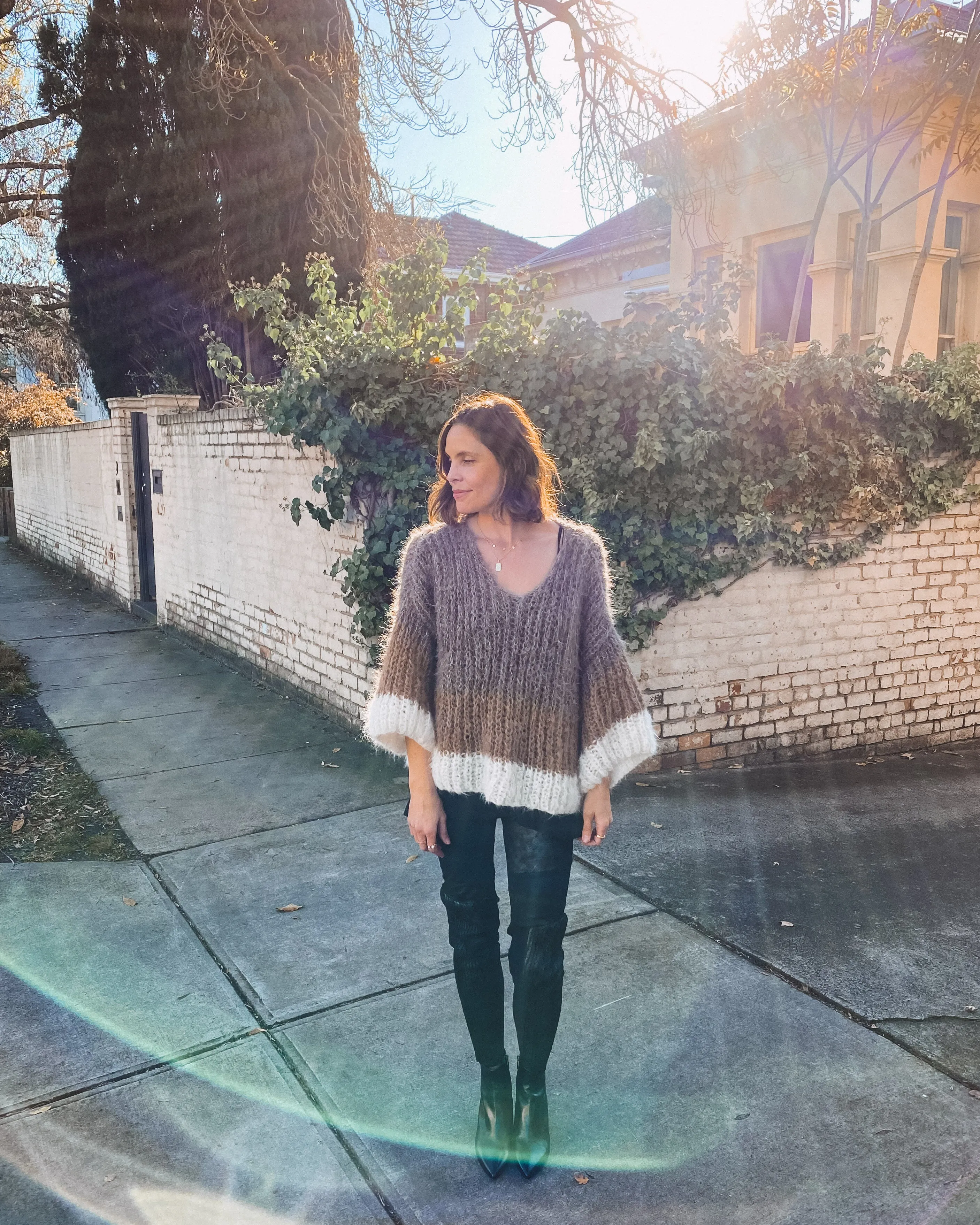 Handknit V neck sweater tri - colour