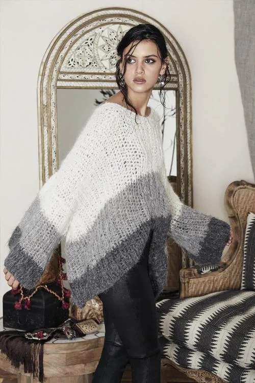 Handknit V neck sweater tri - colour