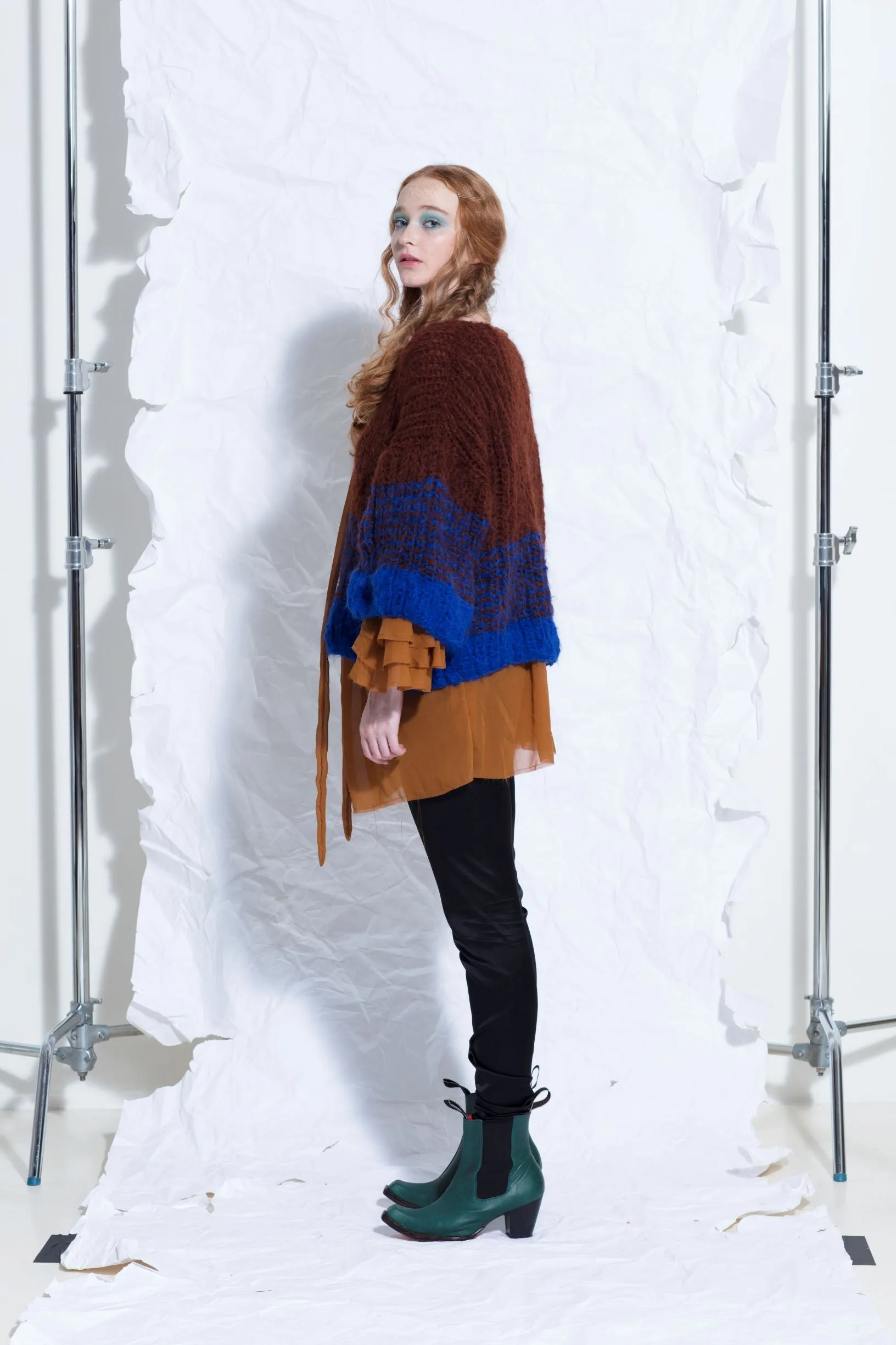 Handknit V neck sweater tri - colour