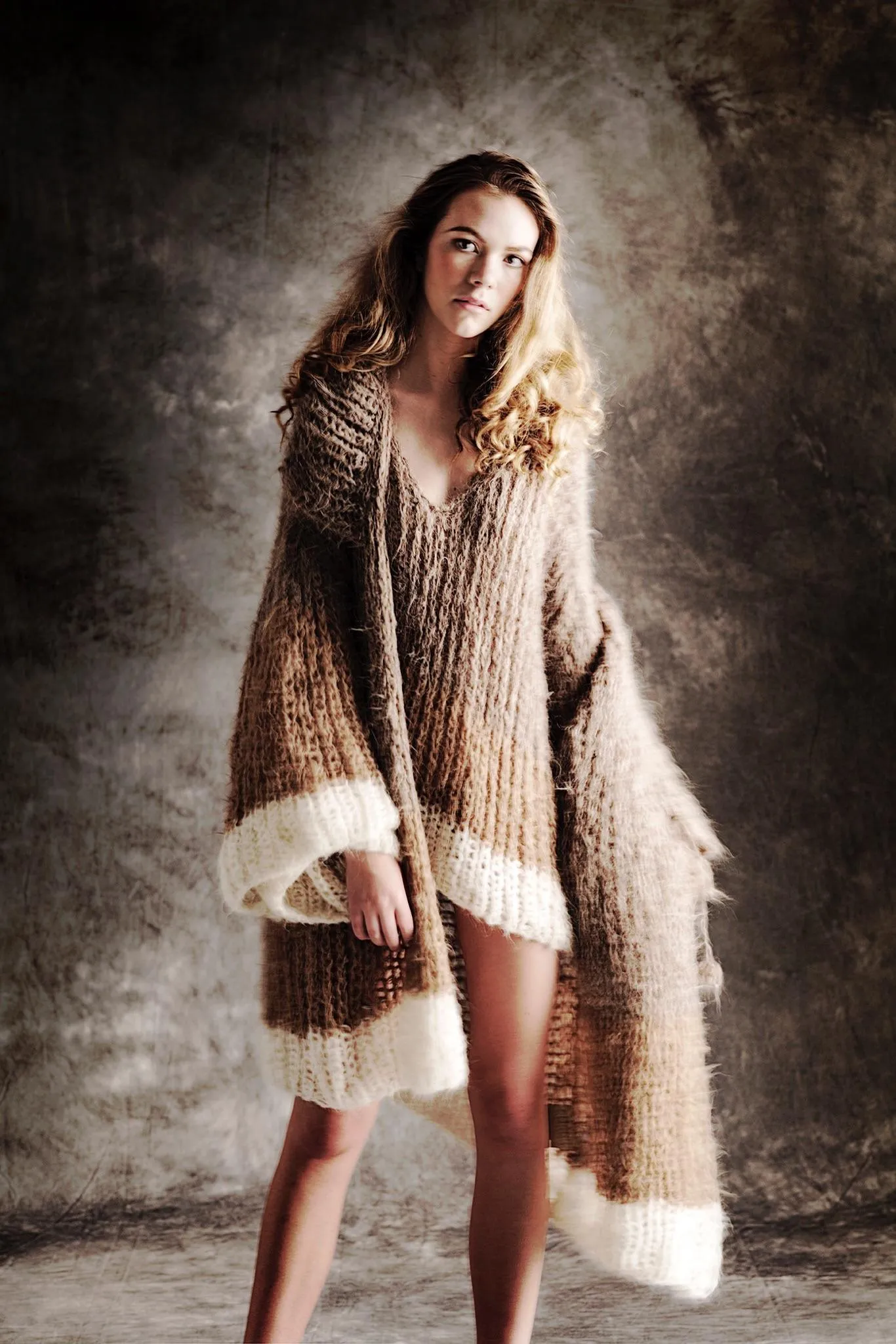 Handknit V neck sweater tri - colour
