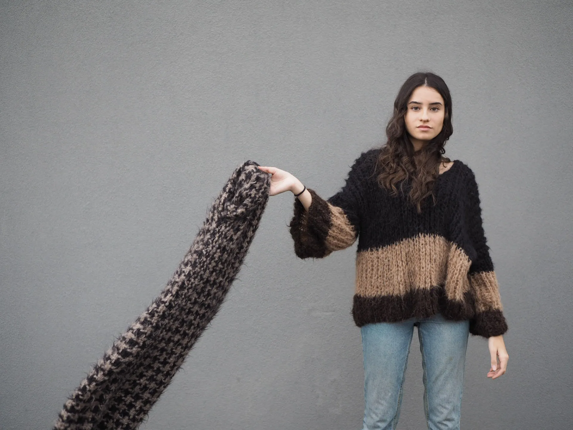 Handknit V neck sweater tri - colour