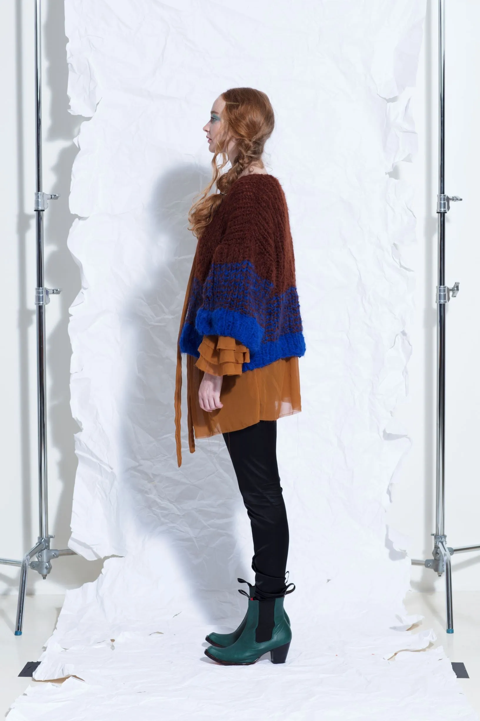 Handknit V neck sweater tri - colour