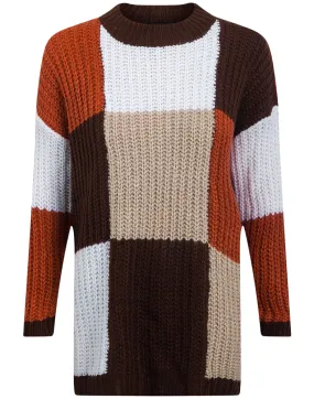 Ladies Brown Beige Multi Square Colour Block Chunky Jumper
