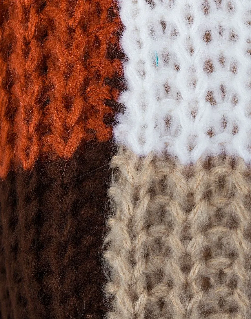 Ladies Brown Beige Multi Square Colour Block Chunky Jumper