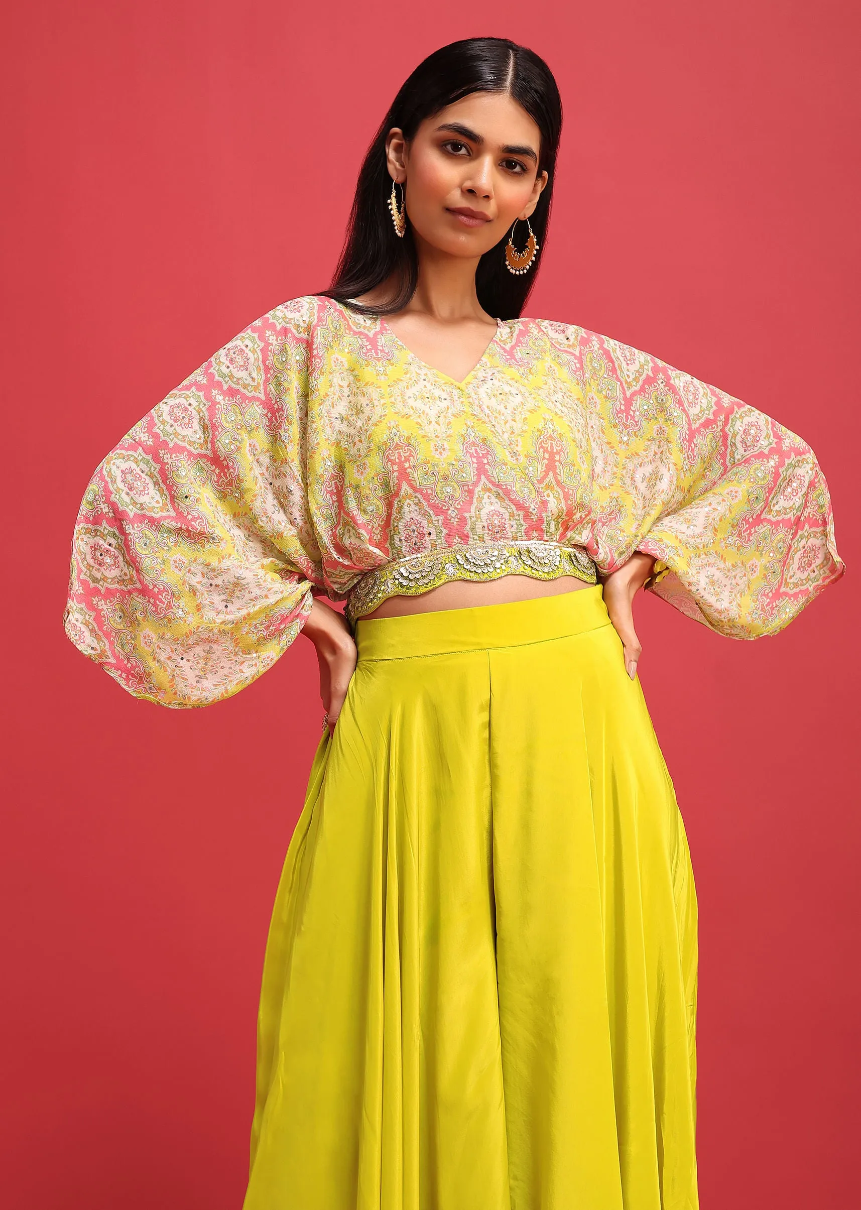 Lime Green Printed Crop Top And Palazzo