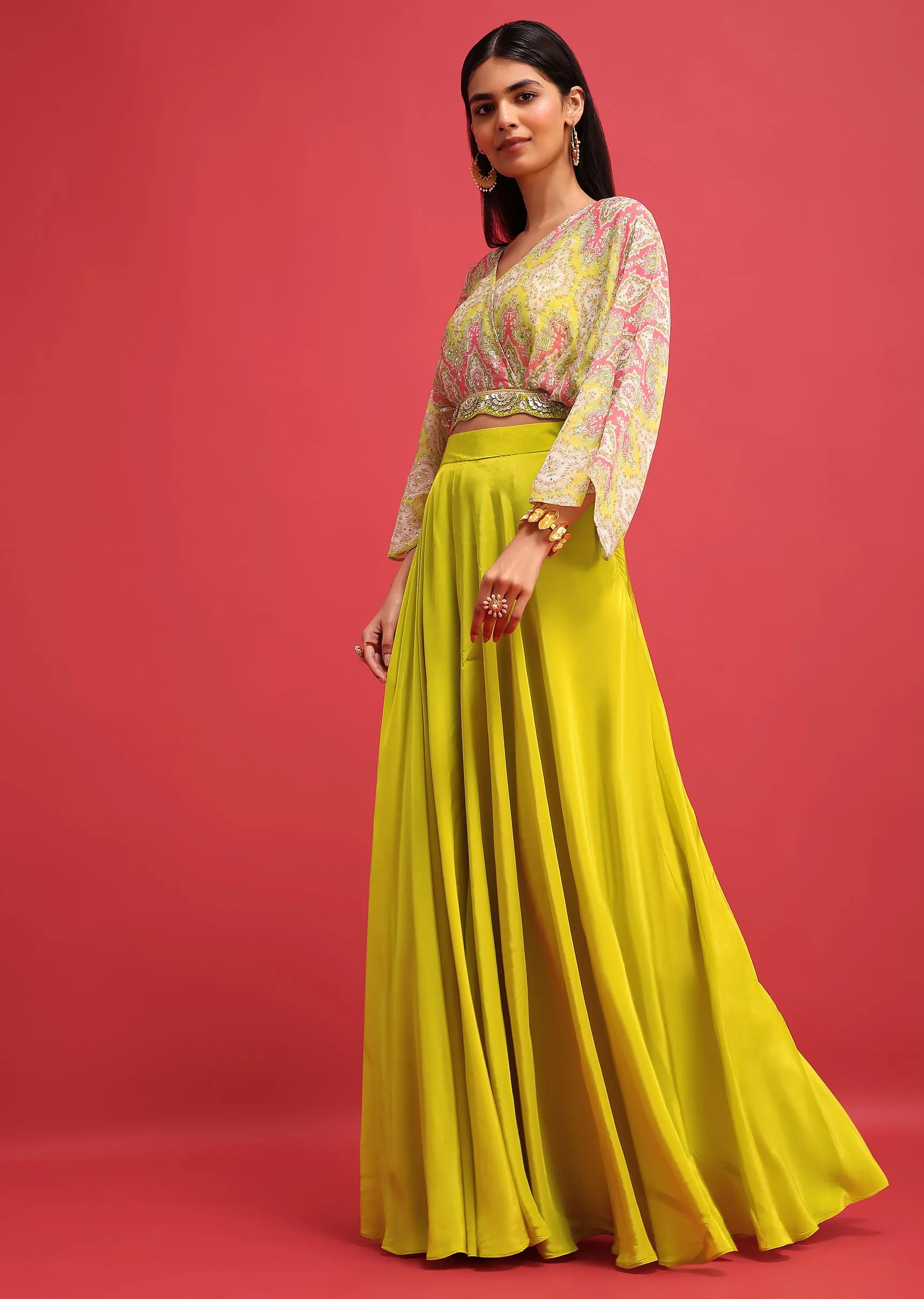 Lime Green Printed Crop Top And Palazzo