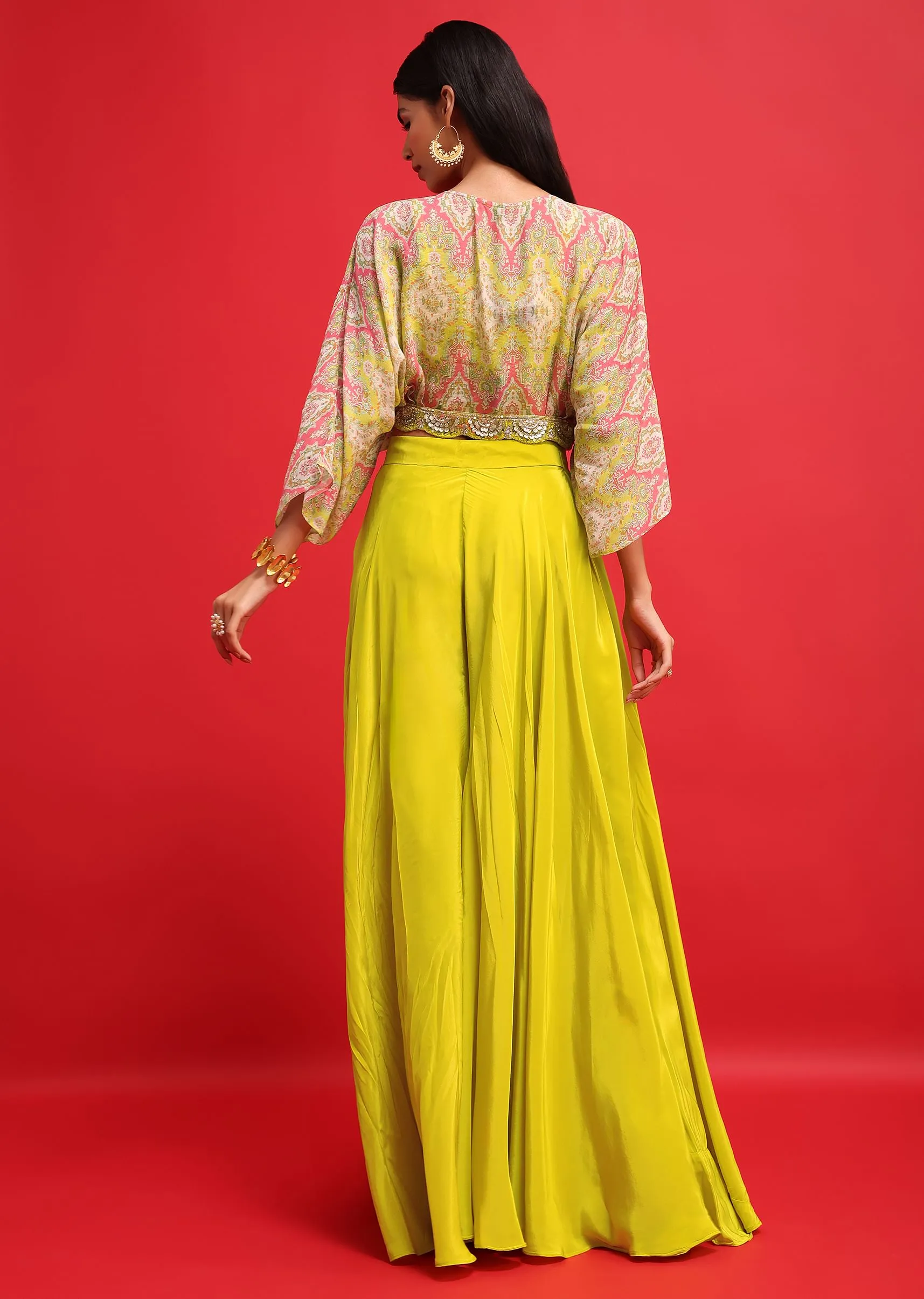 Lime Green Printed Crop Top And Palazzo