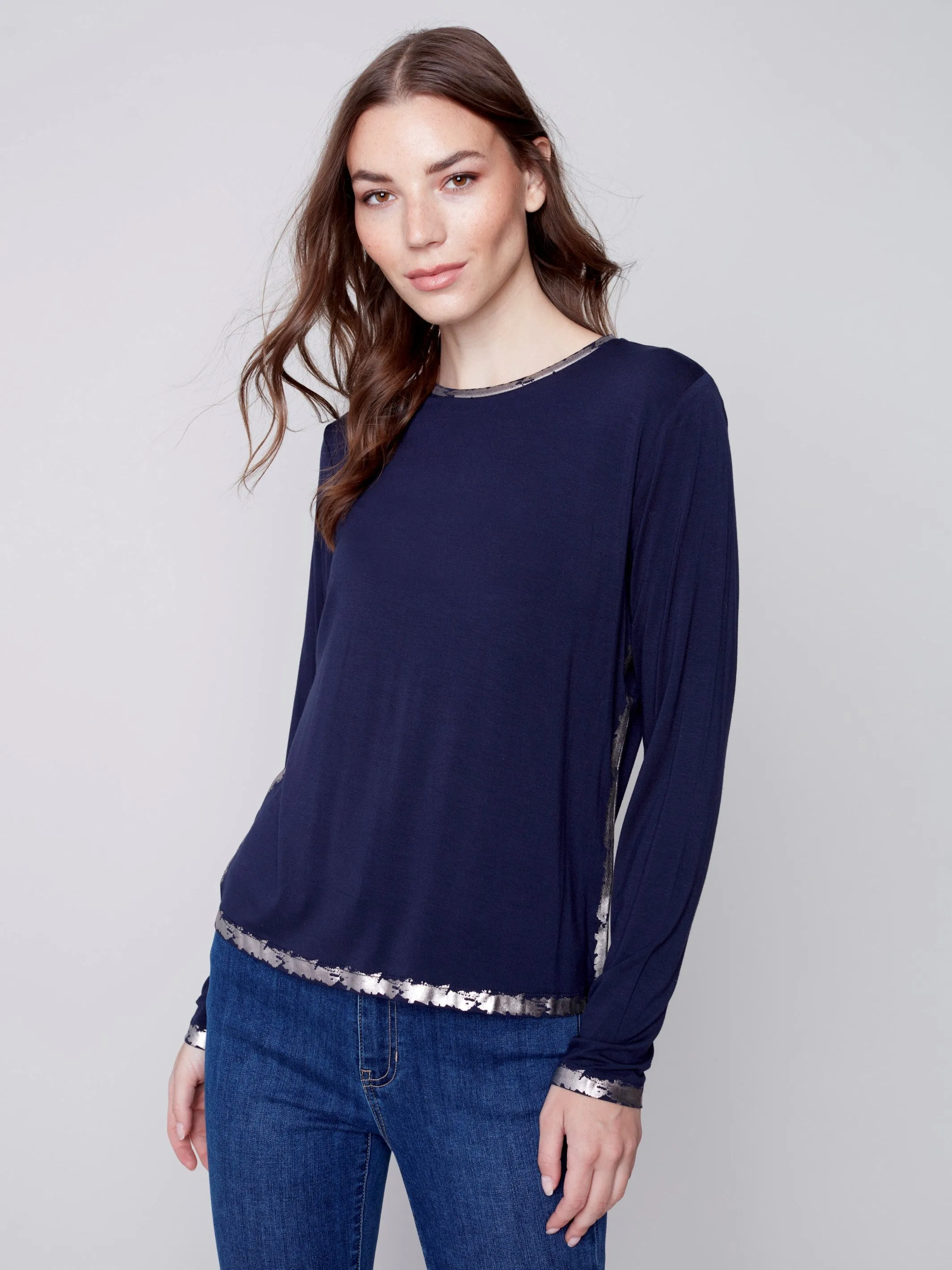 Long-Sleeved Top with Foil Print Detail - Navy