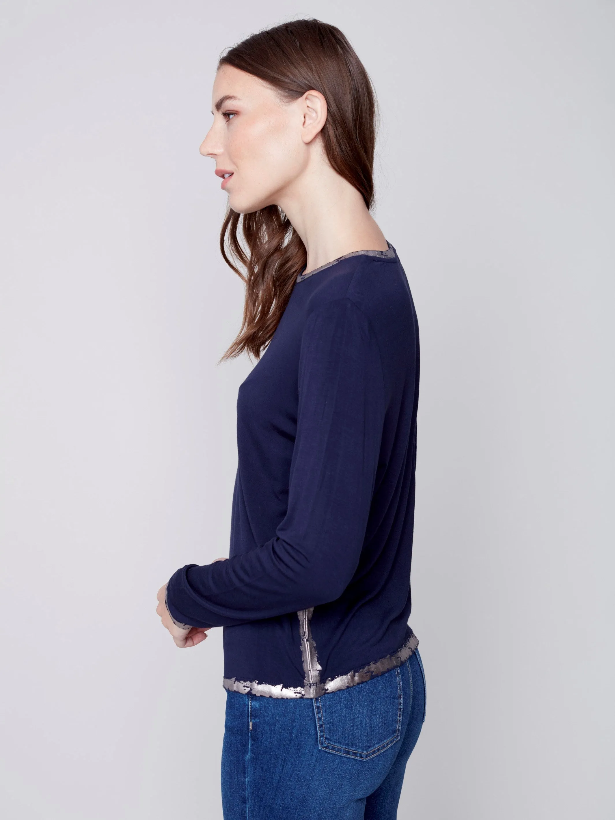Long-Sleeved Top with Foil Print Detail - Navy