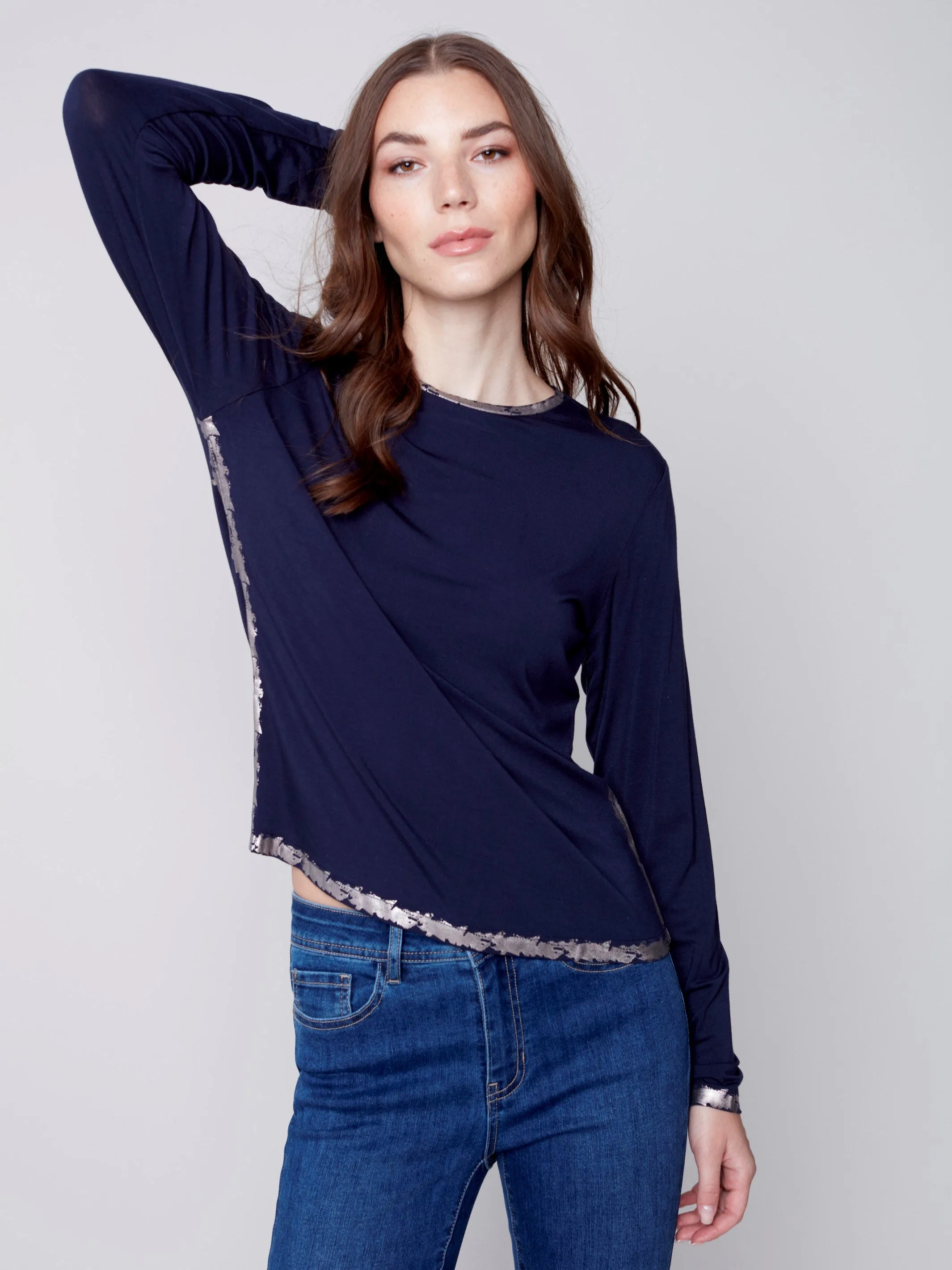 Long-Sleeved Top with Foil Print Detail - Navy