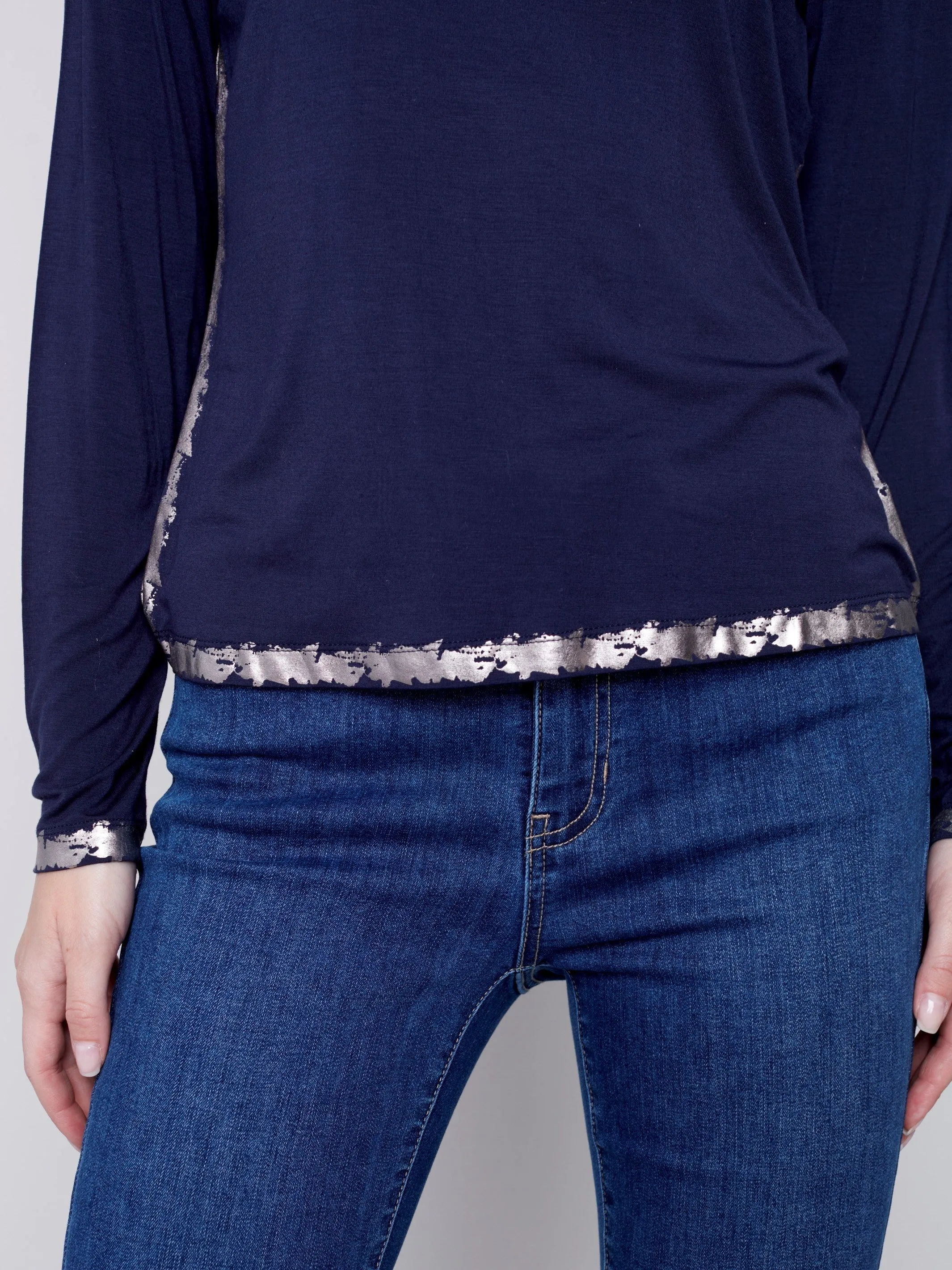 Long-Sleeved Top with Foil Print Detail - Navy