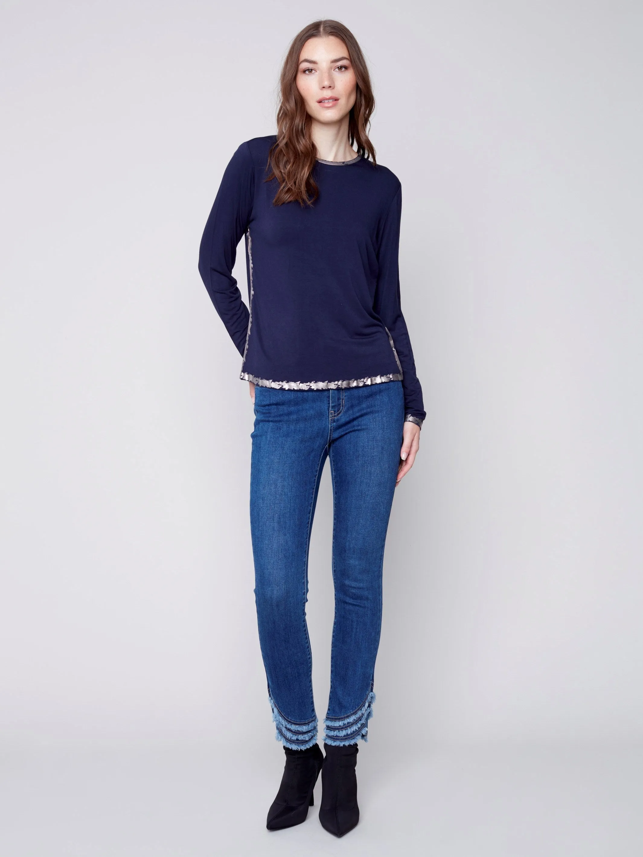 Long-Sleeved Top with Foil Print Detail - Navy