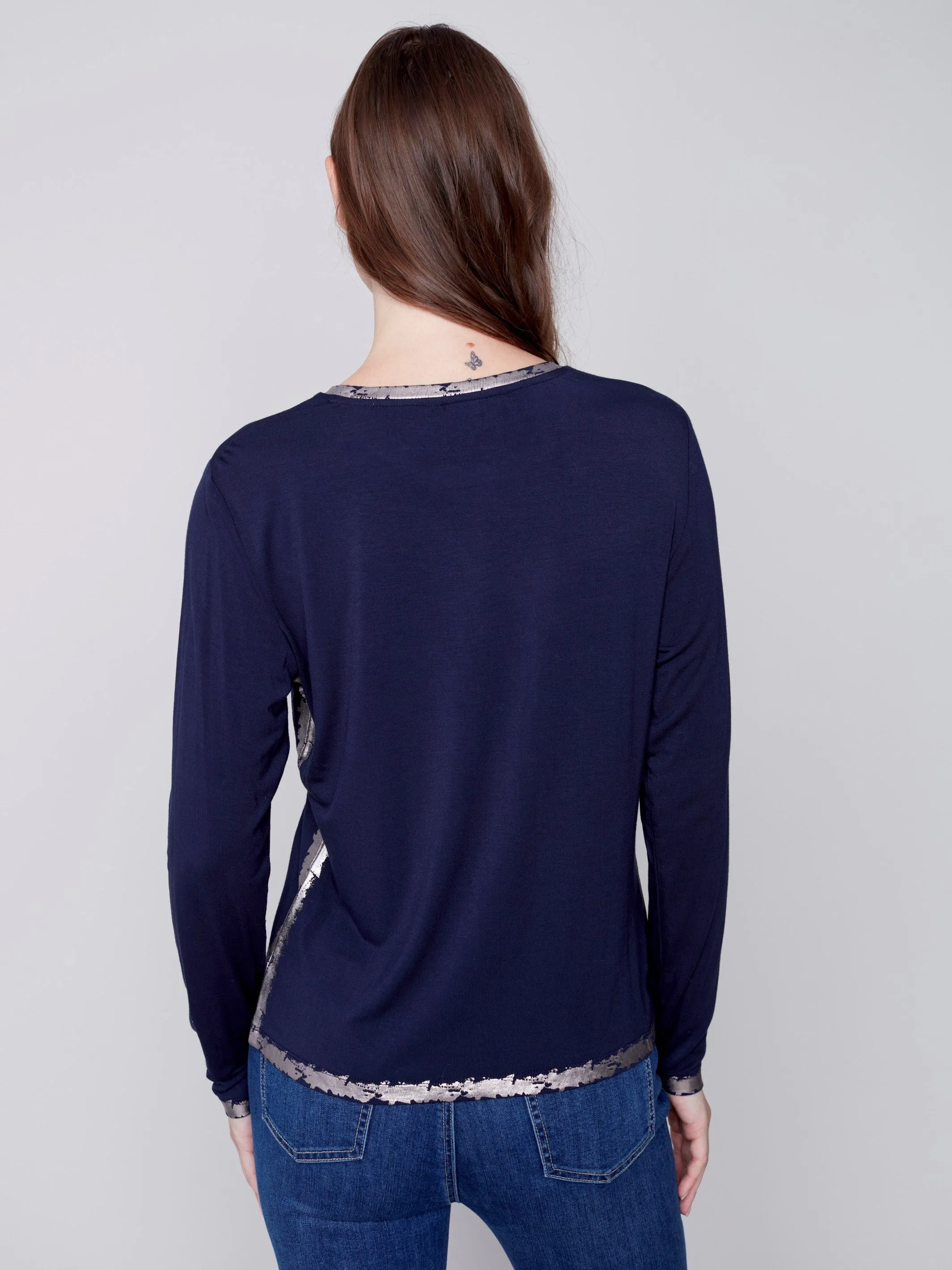 Long-Sleeved Top with Foil Print Detail - Navy