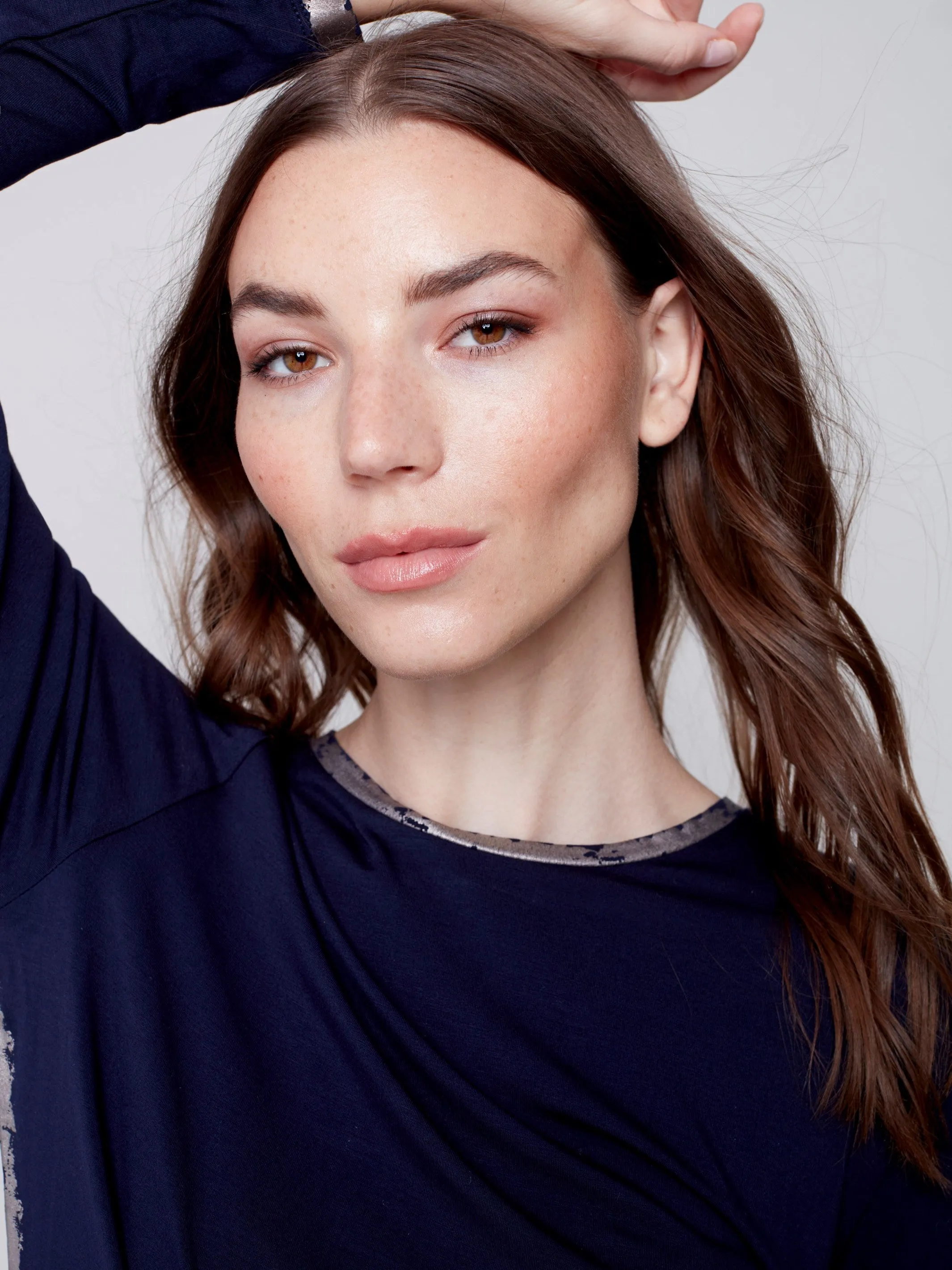 Long-Sleeved Top with Foil Print Detail - Navy