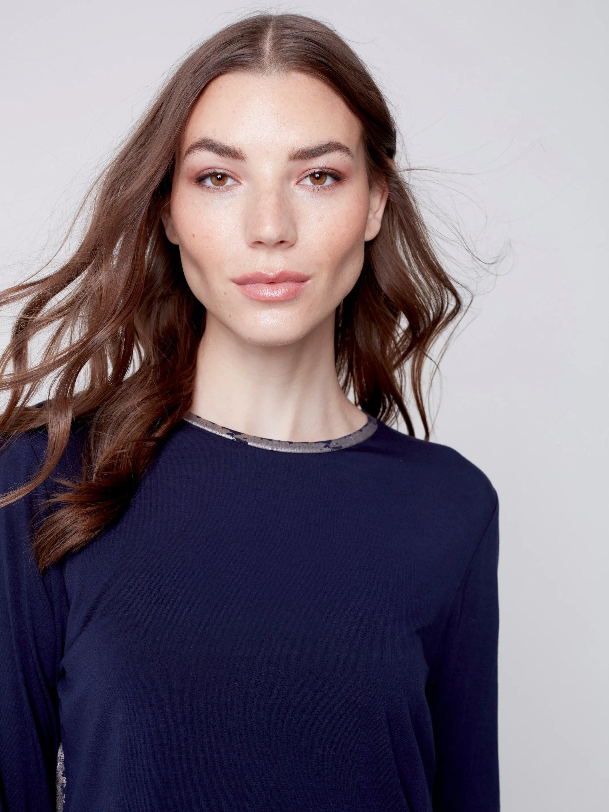 Long-Sleeved Top with Foil Print Detail - Navy