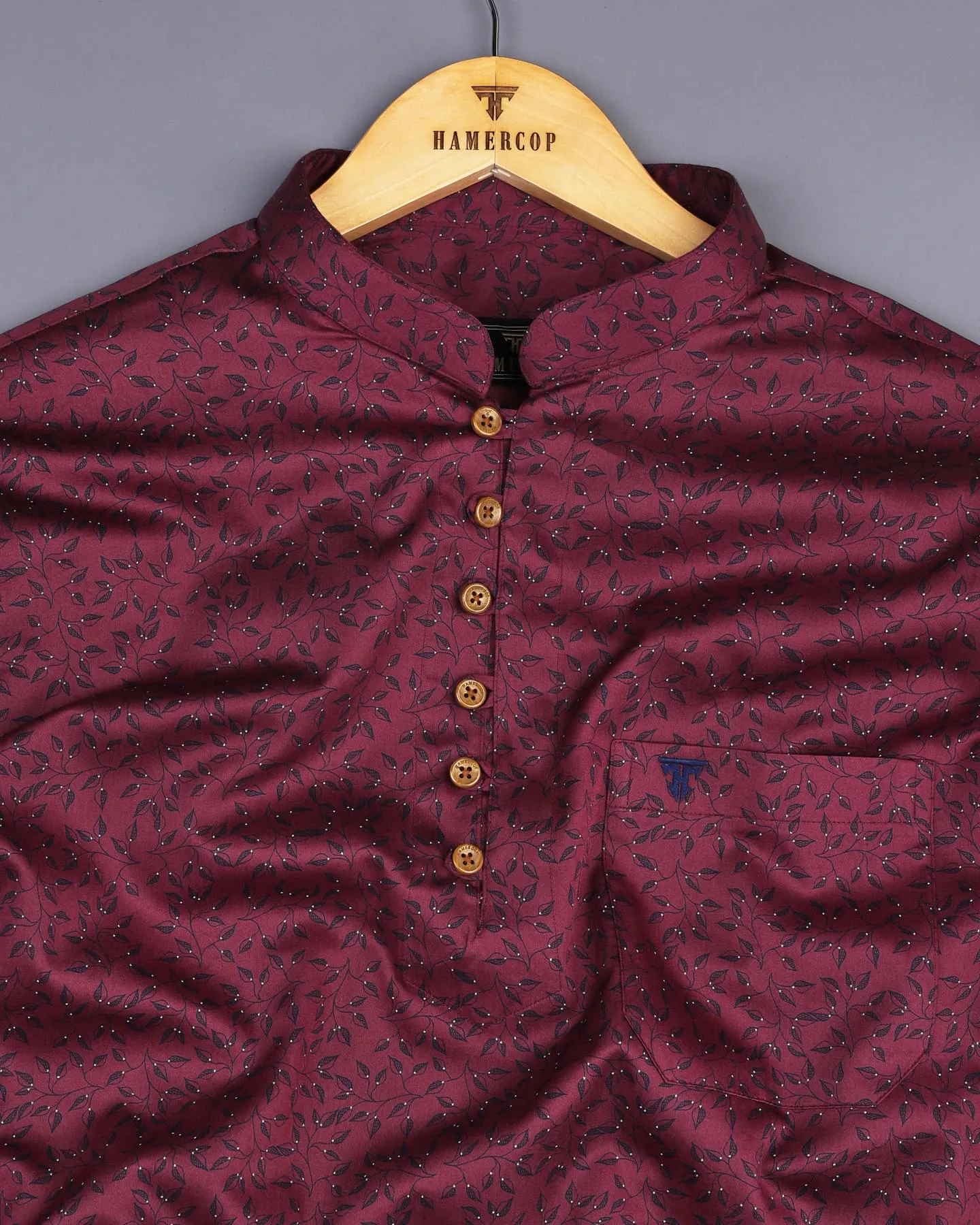Luma Maroon With Blue Leaf Printed Satin Cotton Shirt Style Kurta