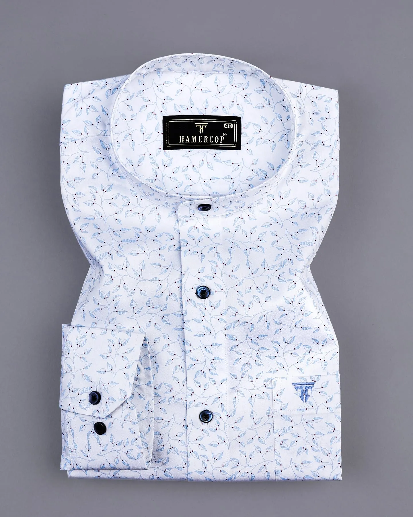 Luma White Satin With Skyblue Leaf Printed Cotton Shirt