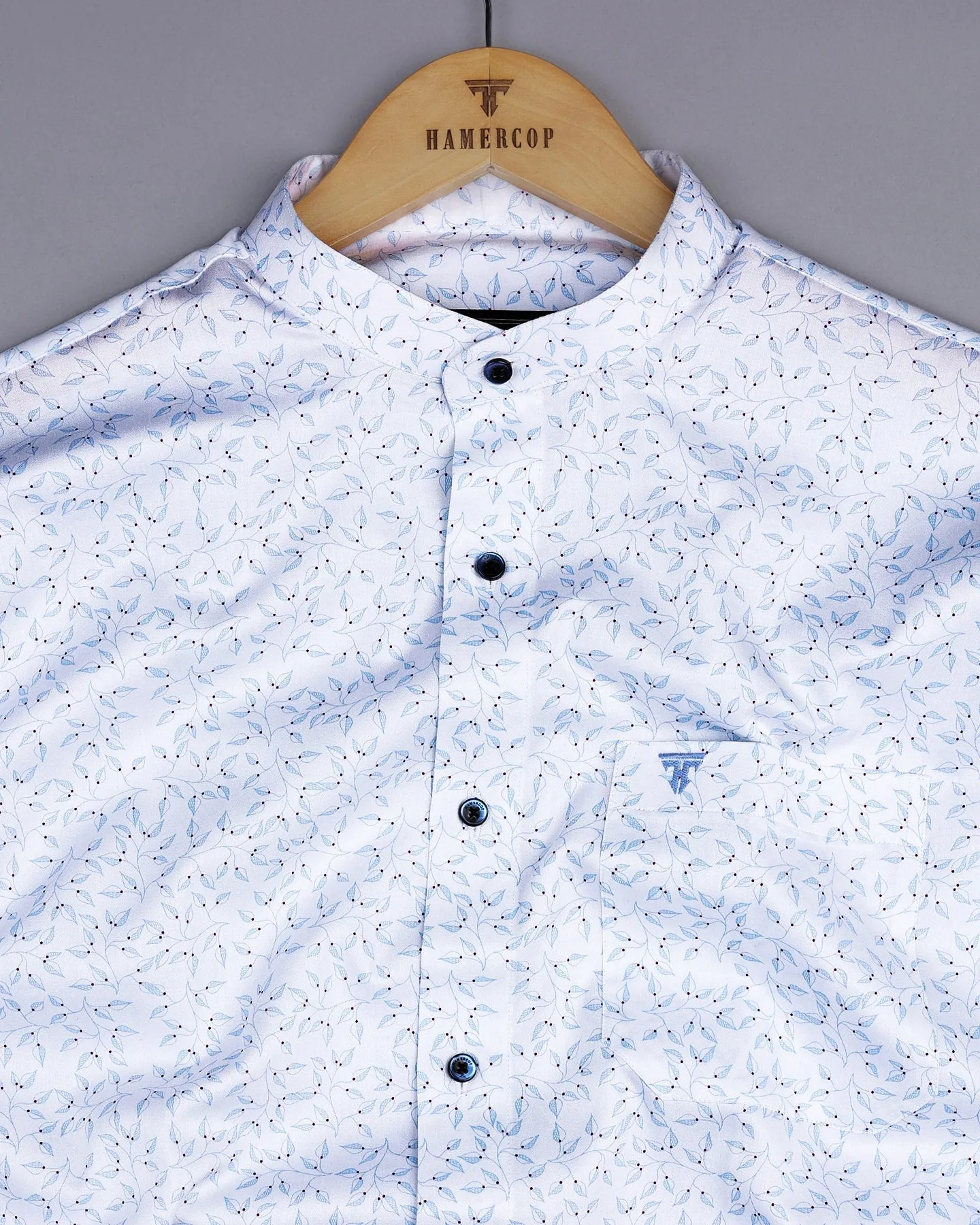 Luma White Satin With Skyblue Leaf Printed Cotton Shirt