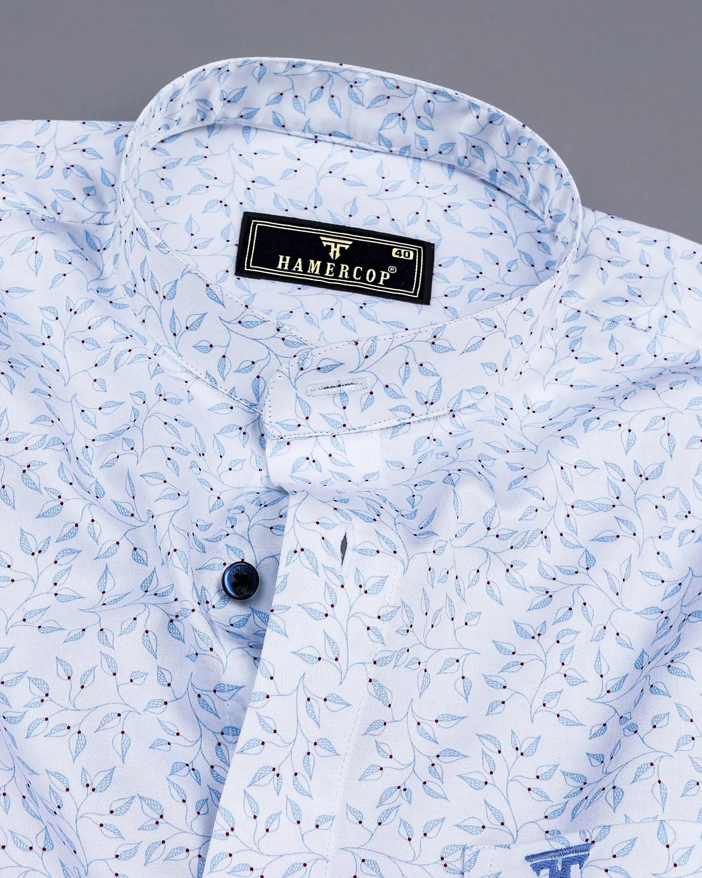 Luma White Satin With Skyblue Leaf Printed Cotton Shirt