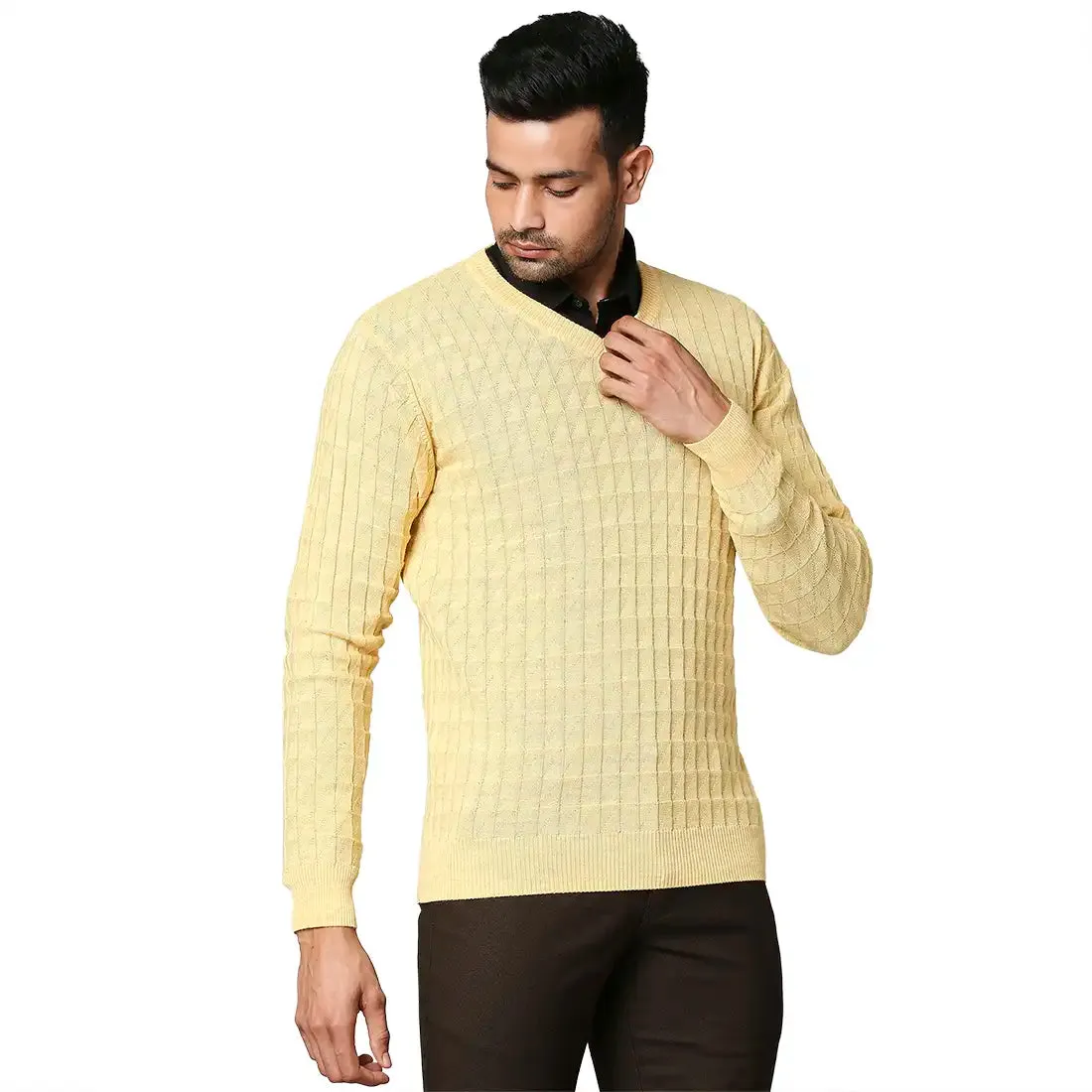 Men Yellow Wrapper Wool Blend Full Sleeve V Neck Collar Sweaters