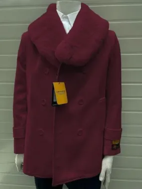 Mens Pea Coats With Fur Collar - Dark Burgundy Peacoats