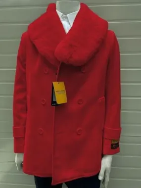 Mens Pea Coats With Fur Collar - Hot Red Peacoats