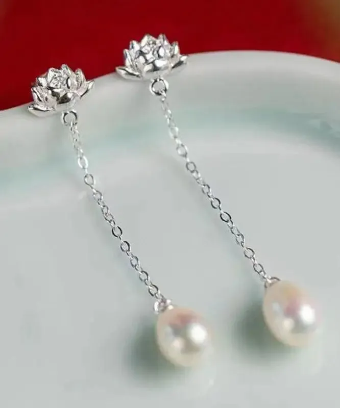 Modern Silk Sterling Silver Inlaid Pearl Lotus Drop Earrings LY8538