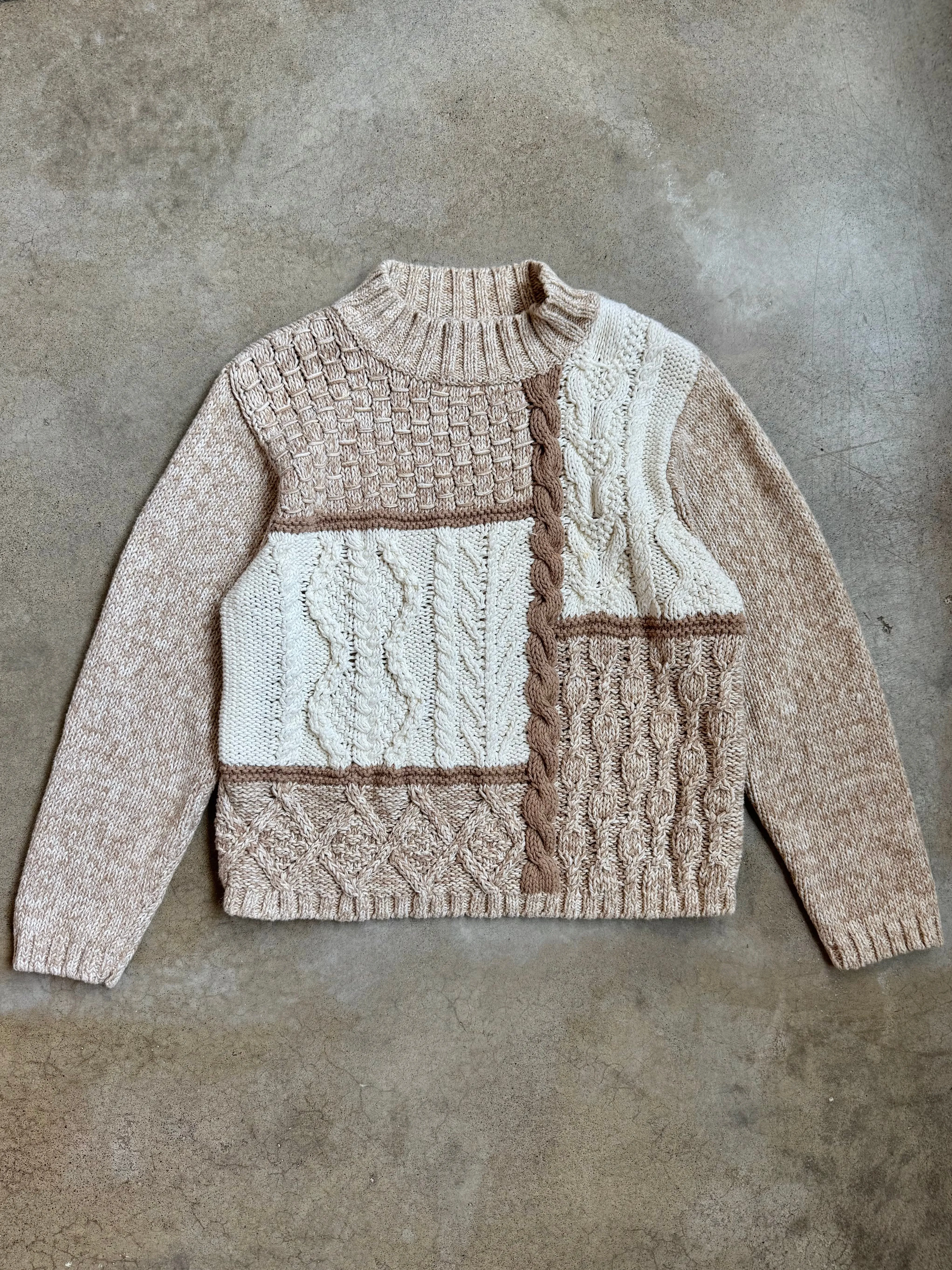 Neutral Cotton Cable Knit Mock Neck Sweater (XL)