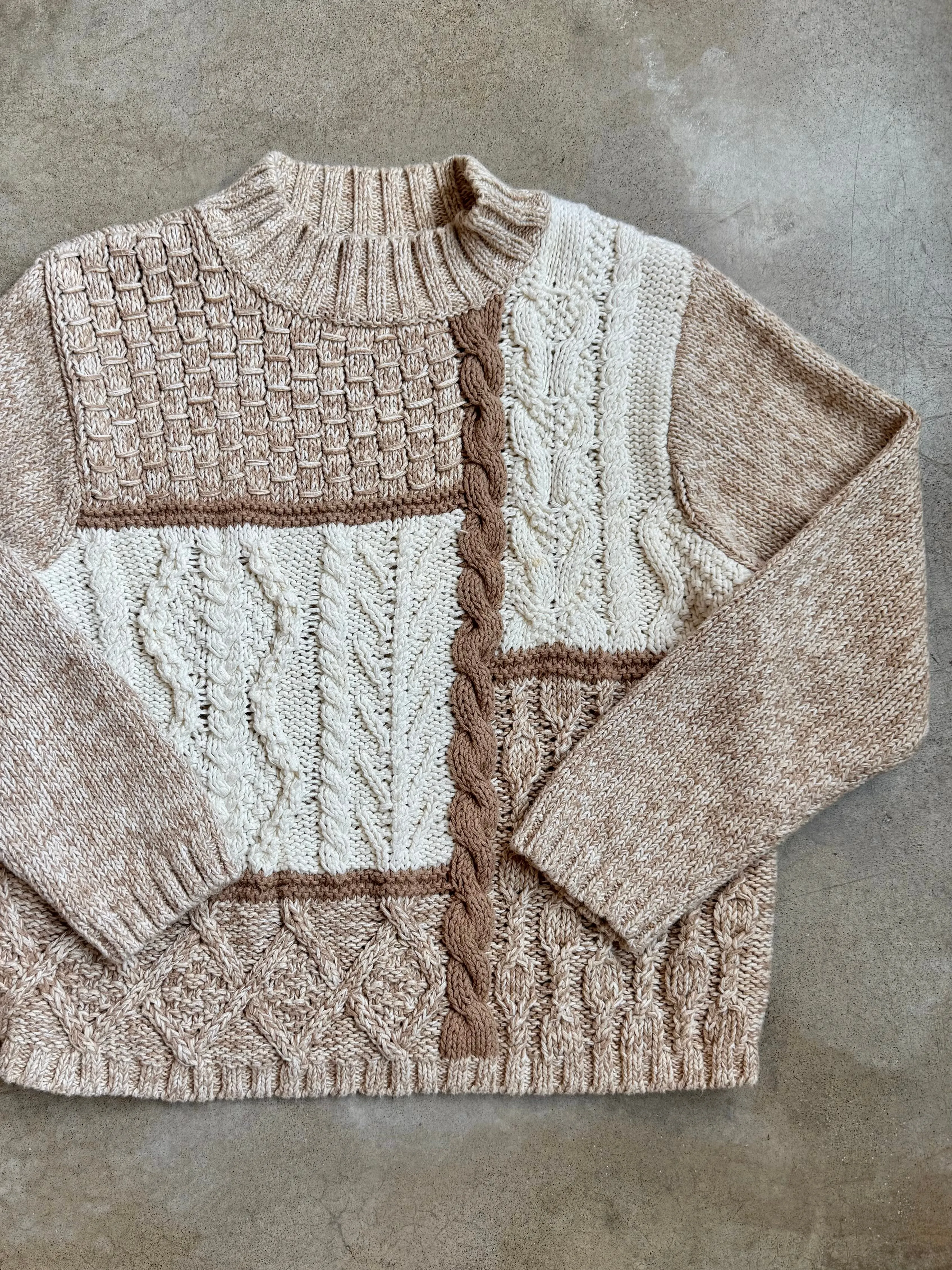 Neutral Cotton Cable Knit Mock Neck Sweater (XL)