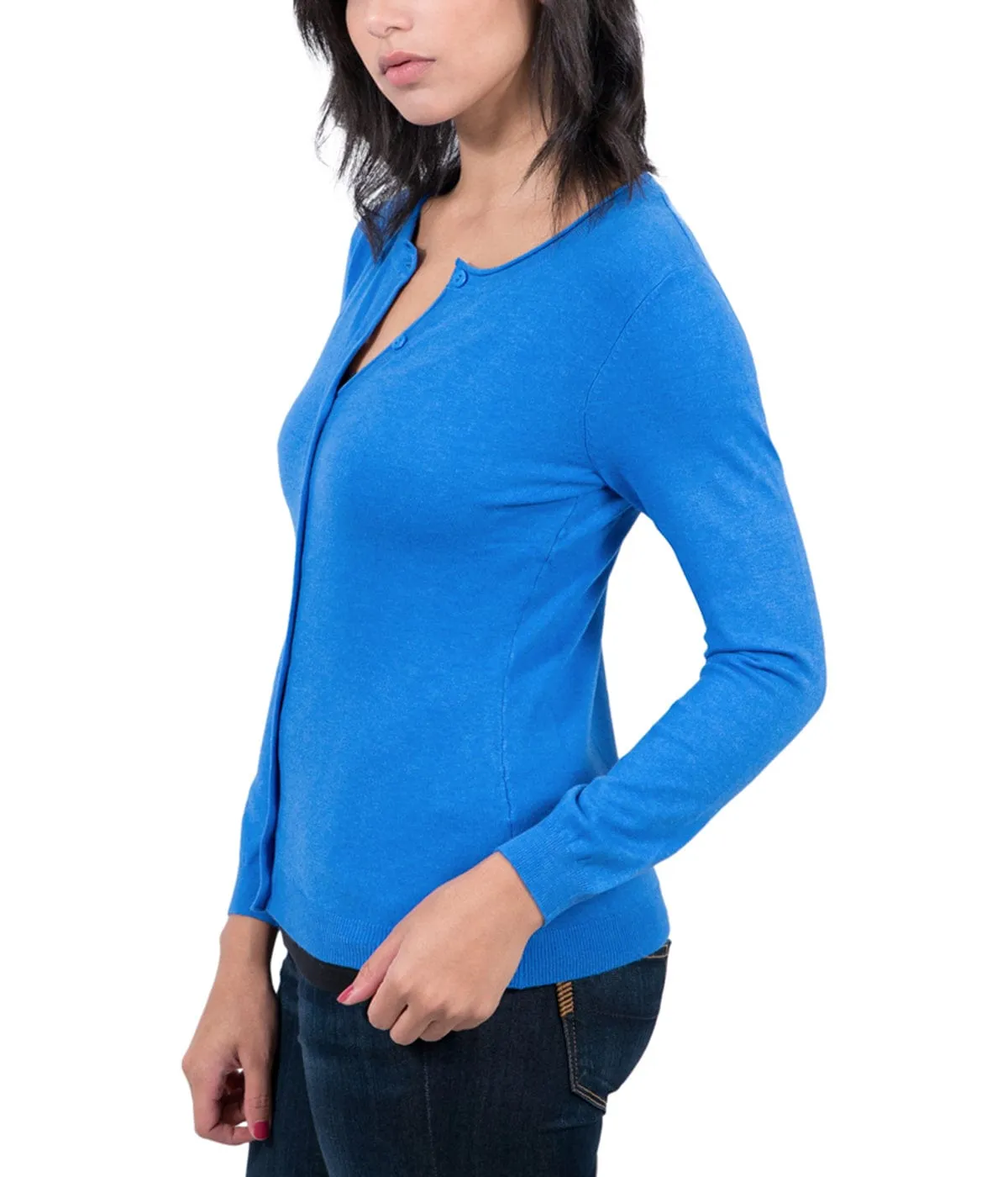 Real Cashmere Cobalt Blue Cashmere Blend Womenscrewneck Cardigan