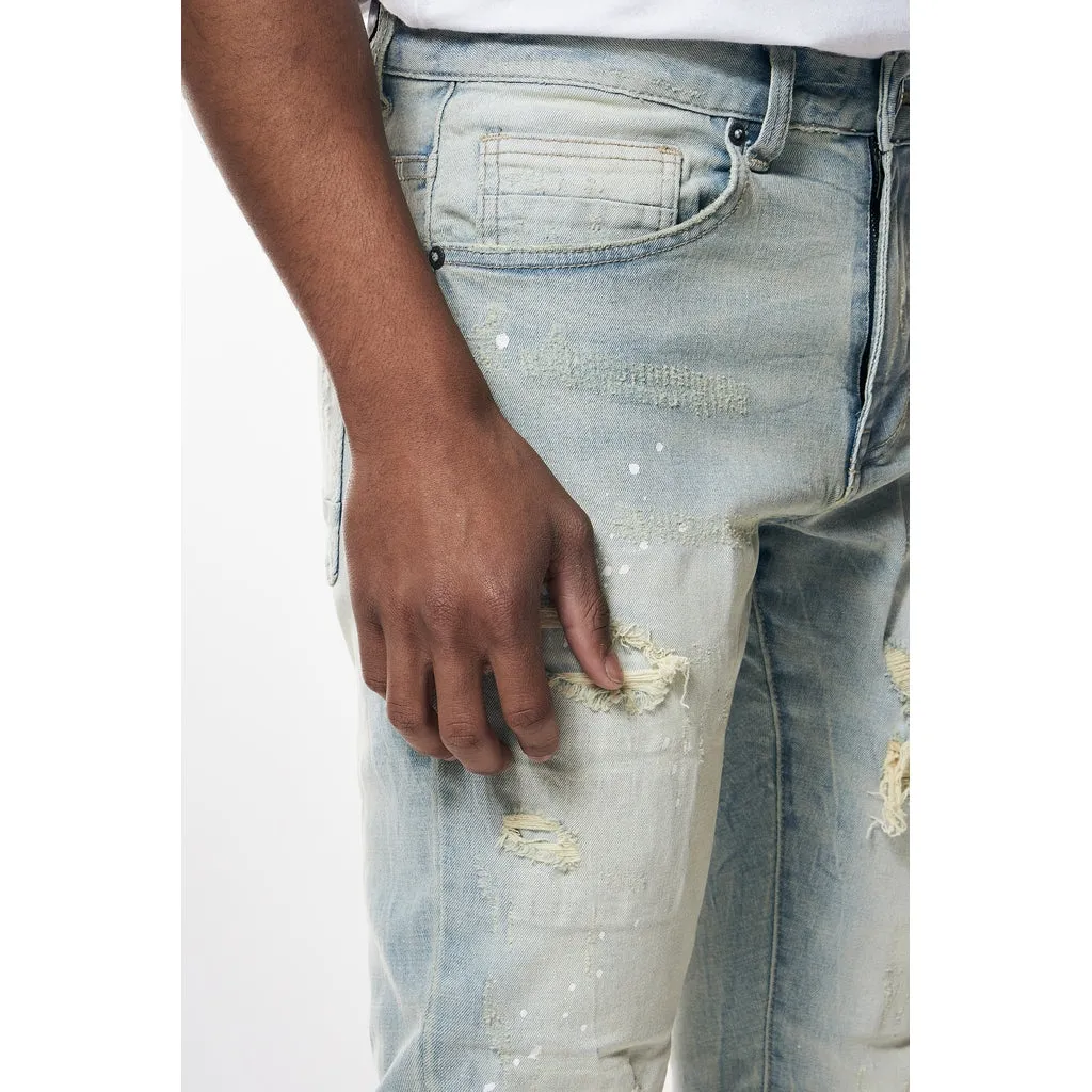 Slim Tapered Distressed Rip & Repair Jeans - Elm Blue