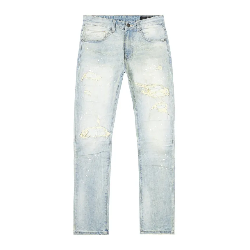 Slim Tapered Distressed Rip & Repair Jeans - Elm Blue