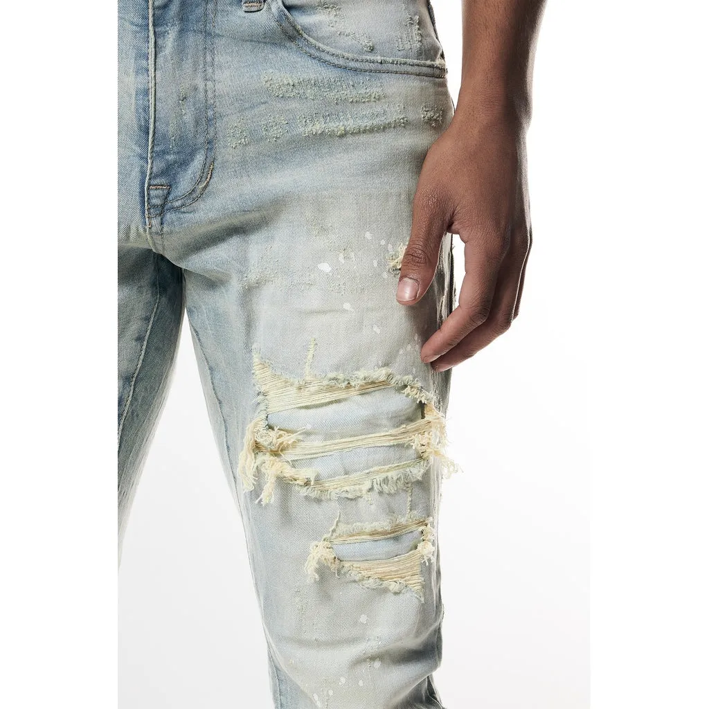 Slim Tapered Distressed Rip & Repair Jeans - Elm Blue