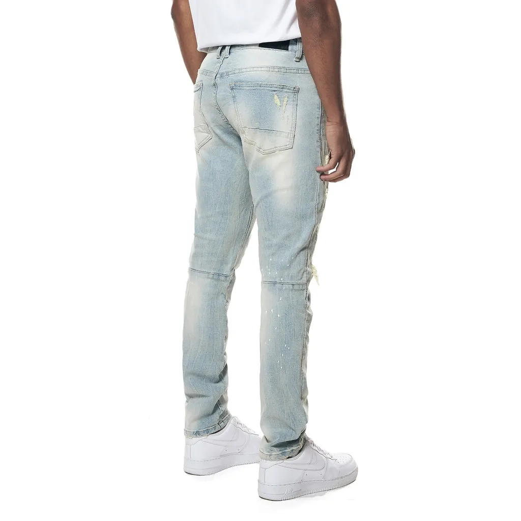 Slim Tapered Distressed Rip & Repair Jeans - Elm Blue