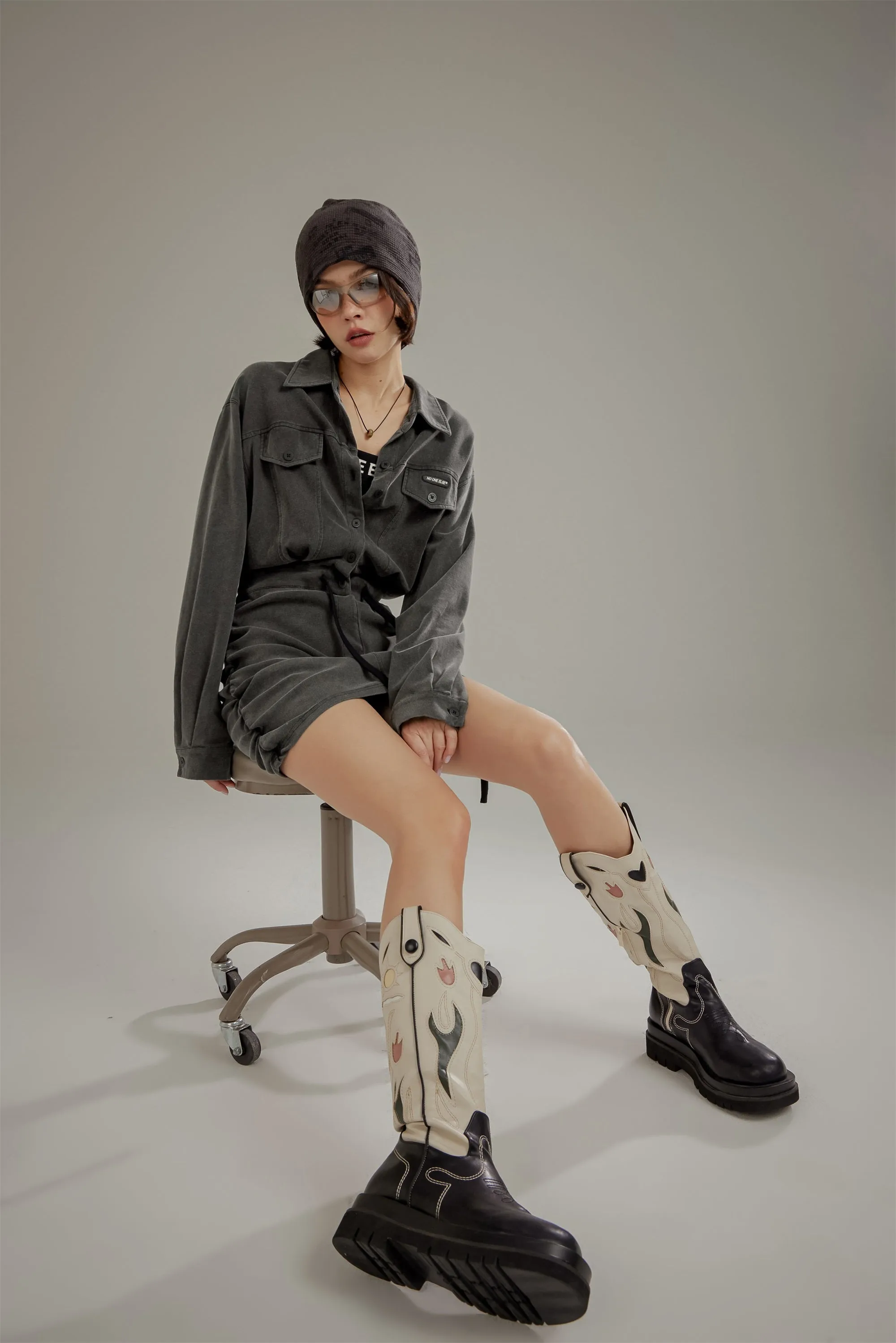 String Shirring Shirt Mini Dress